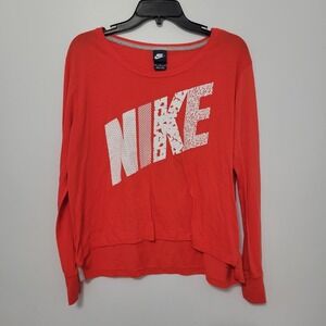 Nike Women's Size M Long Sleeve Big Spellout Tee Bright Coral Red-Orange